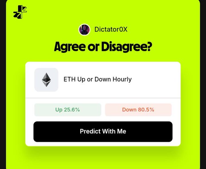 A green-themed prediction interface titled 'Agree or Disagree?' showing 'ETH Up or Down Hourly' with Up at 25.6% and Down at 80.5%, posted by user Dictator0X.