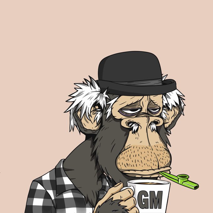 An illustrated gorilla character with white hair, wearing a black bowler hat and a checkered shirt, sips from a white mug labeled 'GM' through a green straw.