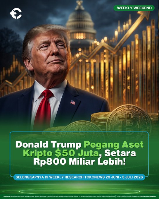 This image depicts Donald Trump with stacks of Bitcoin coins and a rising stock graph in the background, visually supporting the text that states "Donald Trump Pegang Aset Kripto $50 Juta, Setara Rp800 Miliar Lebih!". The image complements the provided post by illustrating Trump's alleged significant crypto holdings.