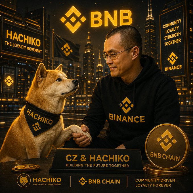A promotional graphic for BNB Chain featuring CZ (Changpeng Zhao) shaking hands with a Shiba Inu dog wearing a 'HACHIKO' bandana, with text reading 'HACHIKO THE LOYALTY MOVEMENT,' 'CZ & HACHIKO BUILDING THE FUTURE TOGETHER,' 'BNB CHAIN,' and 'COMMUNITY DRIVEN LOYALTY FOREVER,' alongside a BNB Chain coin.