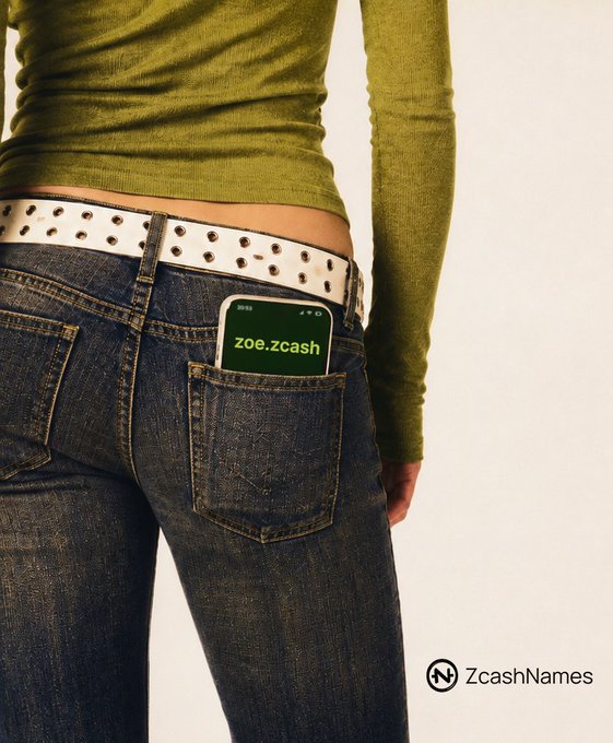 An advertisement showing a woman in jeans with a smartphone in her back pocket displaying 'zoe.zcash', branded with 'ZcashNames' logo in the corner.