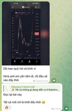 A mobile chat screenshot in Vietnamese mentions 'Odyssey's Gems Call' and asks 'Đọc lại bài này' with a link to a Robohero article, accompanied by a trading chart for the token 'Vodkababy'.