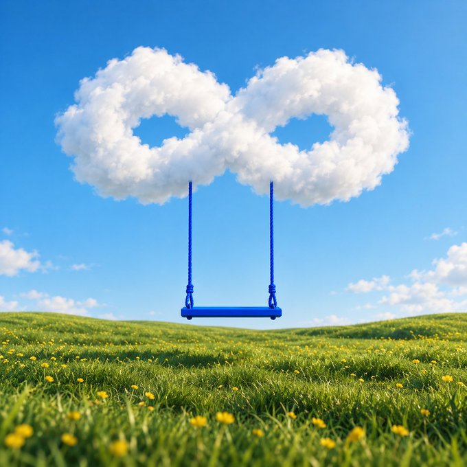 A whimsical blue swing hangs from a heart-shaped cloud floating above a lush green meadow dotted with yellow flowers, perfectly capturing the post's message of daydreaming with "head in the clouds" and "eyes on infinite possibilities" to celebrate Cloud Appreciation Day.