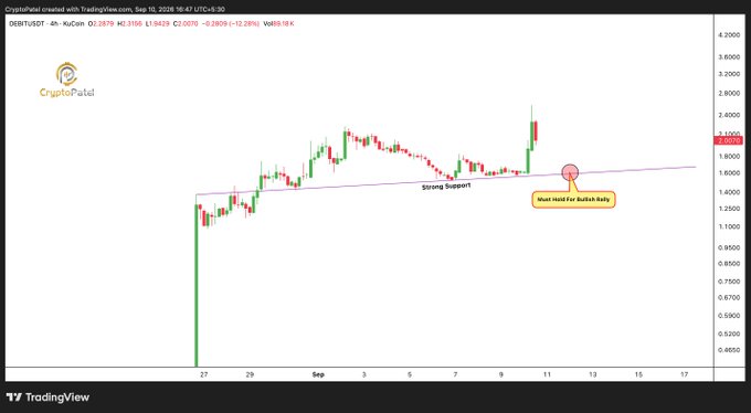 A TradingView cryptocurrency chart from CryptoPatal showing the DEBT/USDT pair on KuCoin with a 4-hour timeframe, displaying candlestick price action with annotations marking 'Strong Support' and 'Must Hold For Bullish Rally'.