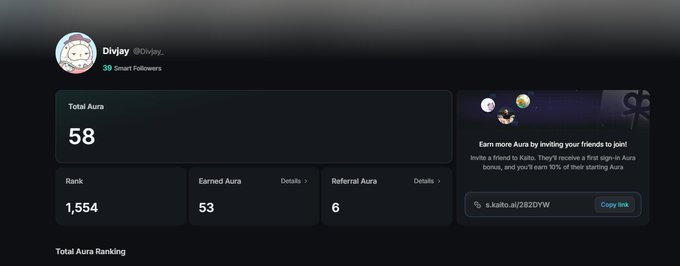 A user profile dashboard for 'Divjoy' (@Divjoy_) showing a Total Aura of 58, Rank 1,554, Earned Aura of 53, and Referral Aura of 6.
