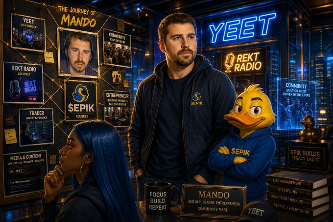 A cinematic promotional-style image featuring a man in a 'SEPIK' hoodie alongside a woman with blue hair and a duck mascot, surrounded by posters reading 'THE JOURNEY OF MANDO', 'YEET', and 'REKT RADIO'.