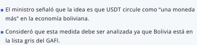 The image displays two bullet points in Spanish about Bolivia's government considering allowing USDT to circulate as another currency in the Bolivian economy, with the minister noting this evaluation is necessary since Bolivia is on the GAFI gray list, directly relating to the post about Bolivia evaluating USDT integration into its national payment system.