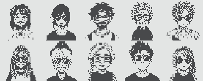 A pixel art graphic showing ten stylized character portraits in black and white arranged in two rows.
