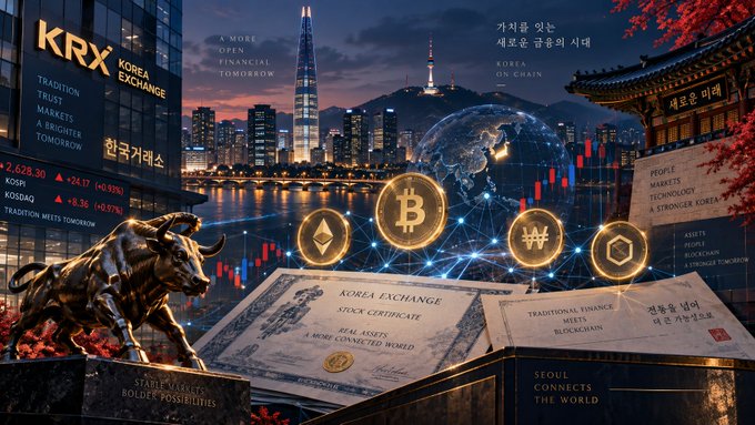A promotional graphic for KRX Korea Exchange featuring the KOSPI bull statue, crypto coins (Bitcoin, Ethereum), stock certificates, and the Seoul skyline with N Seoul Tower.