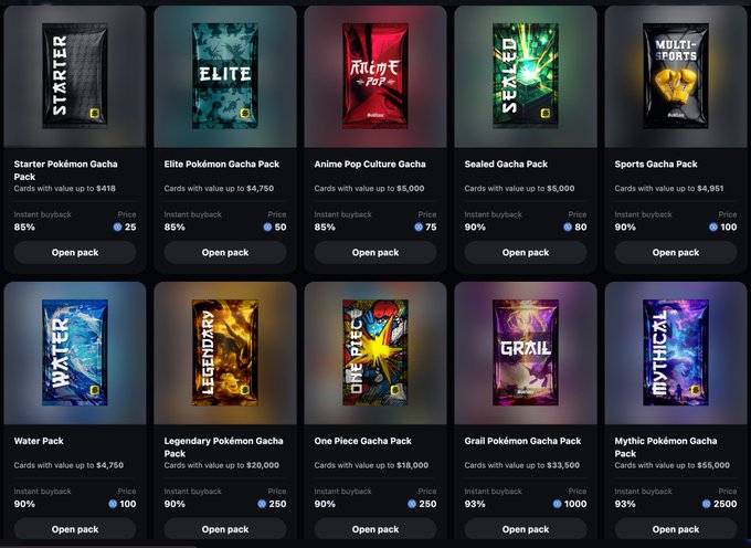 The image displays a grid of 10 digital gacha pack options with prices ranging from 25 to 2500, including various tiers like Starter ($25), Elite ($50), Anime Pop Culture ($75), Sealed ($80), Sports ($100), Water ($100), Legendary ($250), One Piece ($250), Grail ($1000), and Mythical Pokémon ($2500) packs, each offering 85-90% instant buyback on cards. The interface showcases the digital card collecting platform's diverse pack offerings spanning Pokémon, sports, and anime categories, aligning with the post's promotion of easy pack ripping directly through a Solflare wallet.