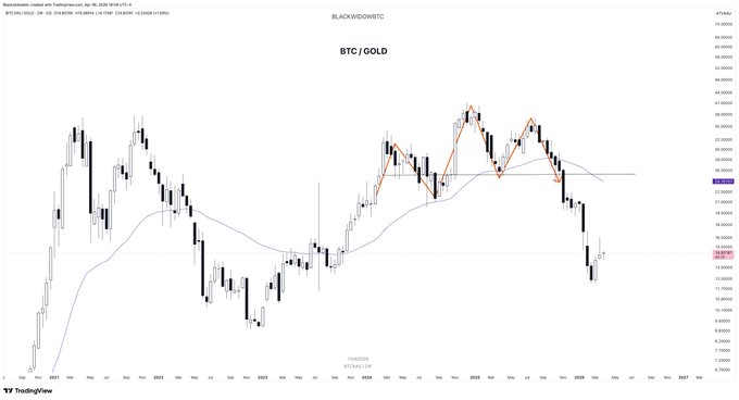 A TradingView weekly chart titled "BTC / GOLD" showing the Bitcoin-to-Gold ratio trending downward since 2022, with a head-and-shoulders pattern and highlighted resistance breakdown supporting the post's thesis that Bitcoin is currently underperforming gold but poised to reverse and outperform again.