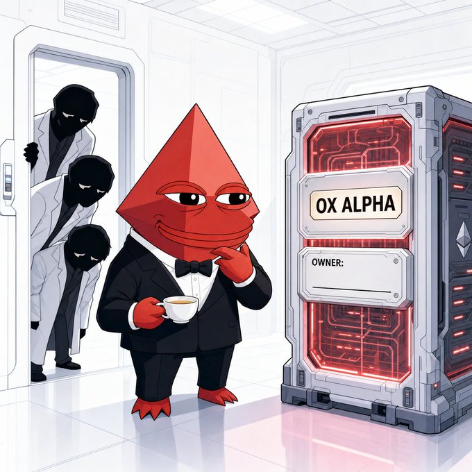 A red pyramid-shaped character in a tuxedo calmly sips tea next to a server rack labeled "OX ALPHA" with a blank "OWNER:" field, while shadowy figures in lab coats peek through a doorway in the background. The image satirizes the mysterious, unclaimed multimodal AI model that appeared on OpenRouter, depicting Ox Alpha as an anonymous entity whose ownership remains conspicuously empty despite frontier-level speculation overnight.