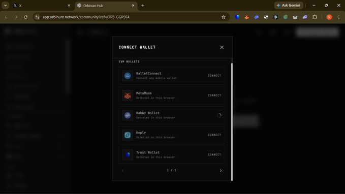 A screenshot of the Orbtrum Hub website displays a 'CONNECT WALLET' popup listing EVM wallet options including WalletConnect, MetaMask, Rabby Wallet, KuCoin, and Trust Wallet.