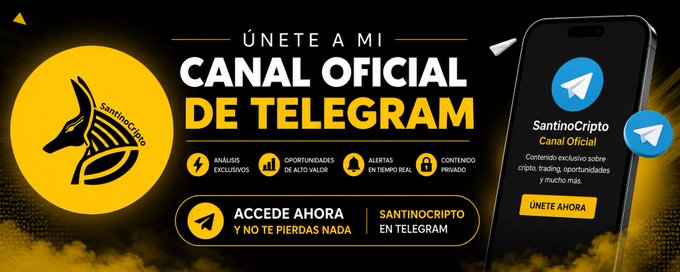 A promotional banner for SantinoCripto's official Telegram channel, featuring the brand's Anubis jackal logo on a yellow circle, the headline "ÚNETE A MI CANAL OFICIAL DE TELEGRAM," and benefits like "ANÁLISIS EXCLUSIVOS," "OPORTUNIDADES DE ALTO VALOR," "ALERTAS EN TIEMPO REAL," and "CONTENIDO PRIVADO," along with a smartphone mockup displaying the "SantinoCripto Canal Oficial" channel page and a Telegram invite link (t.me/+JWbK9I8gUB8xY) shown in the accompanying post.