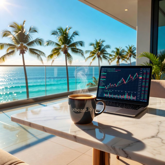 A scenic view of a marble table holding a steaming coffee mug and a laptop displaying stock charts, with a tropical beach, palm trees, and ocean in the background.
