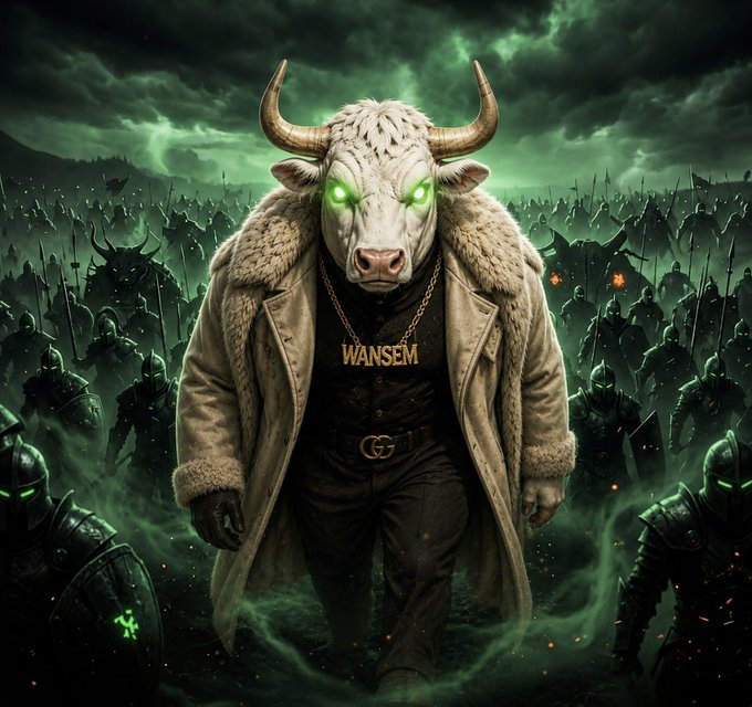 A commanding bull-headed figure in a fur-lined coat stands at the forefront of an army of armored warriors under a stormy green sky, wearing a chain with the nameplate "WANSEM" and a Gucci belt. The image visually represents the post's claim of the "White Bull" seizing dominance over the Solana blockchain, with the imposing leader symbolizing a new power rising to command the network's forces.