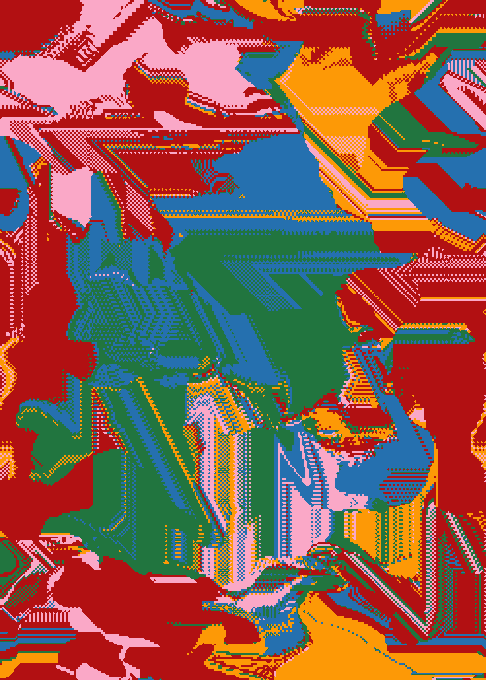 An abstract, glitch-art style image featuring overlapping pixelated shapes in red, blue, green, orange, and pink.