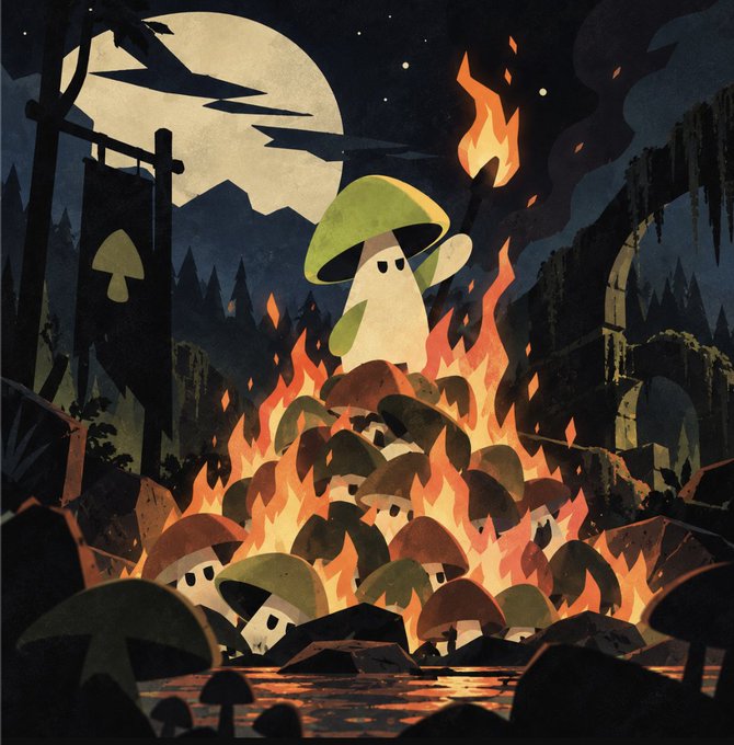 A whimsical illustration depicts a stack of mushroom characters engulfed in flames under a full moon, with one mushroom at the top wielding a burning torch, directly visualizing the post's tally of over 13.6 million SHROOM tokens burned to date.