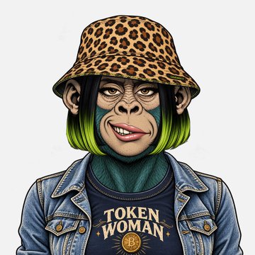A digital caricature of a female ape wearing a leopard print bucket hat, a denim jacket, and a shirt that reads 'TOKEN WOMAN'.