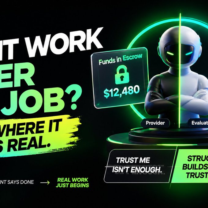 A neon green and black graphic featuring a robot-like figure with the text 'IT WORK [EV]ER [AFT]ER JOB?' and 'TRUST ME ISN'T ENOUGH,' highlighting escrow funds of $12,480.