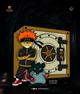 A cartoon character with orange spiky hair labeled "ZTH" stands confidently beside a large vault door, accompanied by a small green rat holding a slice of pizza. The image includes branding for "ALPHA VAULT," "CHEESE BY NFTs Way6," and a Twitter handle "@x_alphavault," illustrating the announced takeover of vault security duties by ZTH Academy.