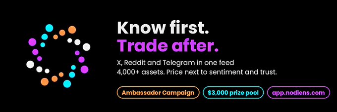 An advertisement for a trading platform displays the text 'Know first. Trade after.' and promotes an Ambassador Campaign with a $3,000 prize pool and a combined feed of X, Reddit, and Telegram.