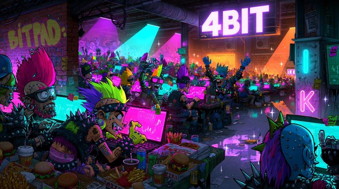 Vibrant cyberpunk-style illustration of a bustling arcade or gaming venue with neon lights and a large "4BIT" sign, featuring colorful punk characters with mohawks gaming on screens amidst food and drinks.