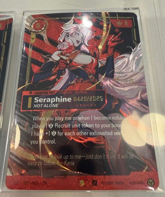 The image shows a numbered foil Seraphine Champion Unit card from Rift of the NecroDancer (0420/2025), featuring the K/DA character with five-star rarity and "Not Alone" ability. The "Grail hit" caption refers to collecting this chase foil card—a significant pull for collectors due to its low serial number out of 2025 total.