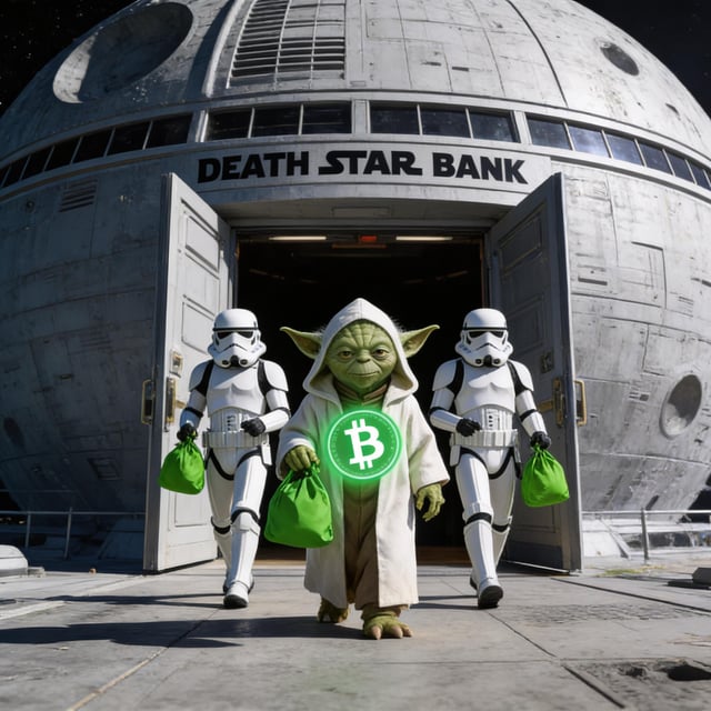 The image features a group of Stormtrooper Star Wars toys marching down a street, each carrying bags that contain Bitcoins. The main characters are holding green Bitcoin chips, while their sidekicks carry additional items. In total, there are five figures in the scene, positioned next to a building with "Death Star Bank" written on it.

The post includes an illustration of Darth Vader and his followers, all holding up Bitcoins. This suggests that they might be promoting or discussing the use of Bitcoin, possibly as part of a campaign related to the Death Star Bank. The overall appearance is reminiscent of Star Wars, with its iconic characters and themes creating a visually engaging experience for viewers.