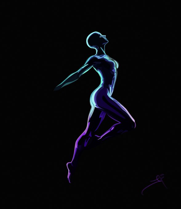 A stylized digital artwork depicts a sleek, translucent figure in a dynamic, leaping pose against a black background, illuminated with glowing cyan and purple highlights.