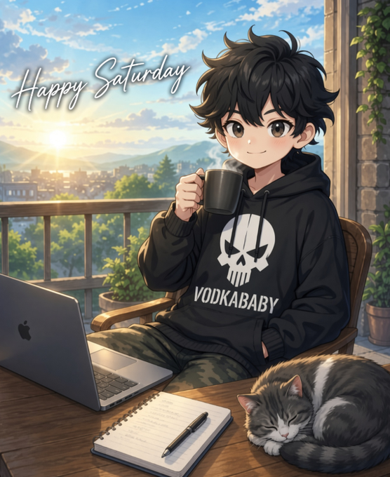 An anime-style illustration of a person wearing a 'VODKABABY' hoodie with a skull logo, drinking coffee on a balcony with a MacBook, notebook, and a sleeping cat, with 'Happy Saturday' written in the sky.