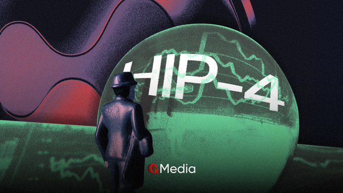 Dark, atmospheric digital art piece showing a figure in a coat and hat looking at a glowing green orb displaying 'HIP-4' text and a chart graph, branded with 'α Media' at the bottom.