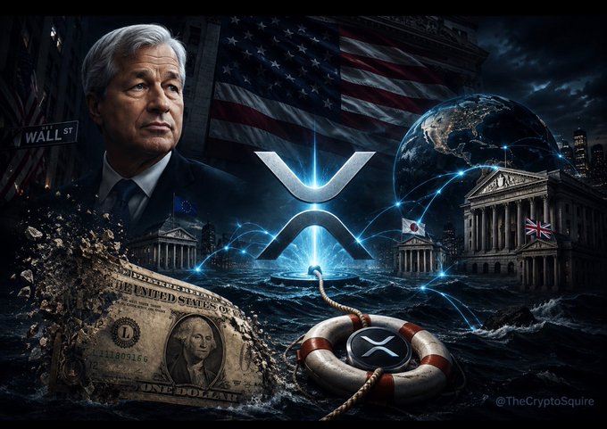The image depicts Jamie Dimon alongside a Wall Street sign, an American flag, and a dollar bill dissolving into a life preserver bearing the XRP logo, set against a global financial backdrop with interconnected institutions and the XRP symbol emerging from stormy waters.

Key text visible: "WALL ST," "THE UNITED STATES OF [AMERICA]," "ONE DOLLAR," "@TheCryptoSquire," and the XRP logo.