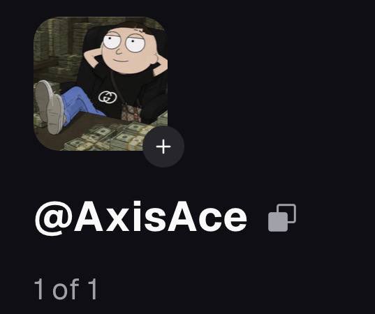 A profile card displays the username "@AxisAce" with a cartoon character lounging on stacks of cash, paired with text noting "1 of 1," representing the user's new account setup on the Pump.fun app as mentioned in their introductory post.