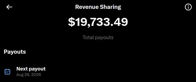 The screenshot shows a Revenue Sharing page displaying $19,733.49 in total payouts, with the next payout scheduled for August 28, 2026. The image directly illustrates the creator's goal of crossing the $20,000 milestone in X creator payouts, showing they're tantalizingly close—only about $266 away from the target.