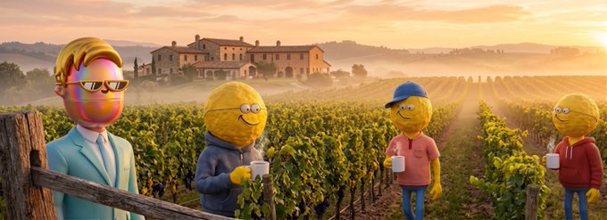 A surreal, AI-generated image of yellow smiley face characters wearing casual clothing and sunglasses standing in a vineyard at sunset, with one character sporting a human-like blonde head.