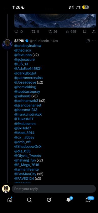 A mobile screenshot of an X (Twitter) post by user 'SEPIK @educkcoin' listing numerous tagged accounts in a thread.