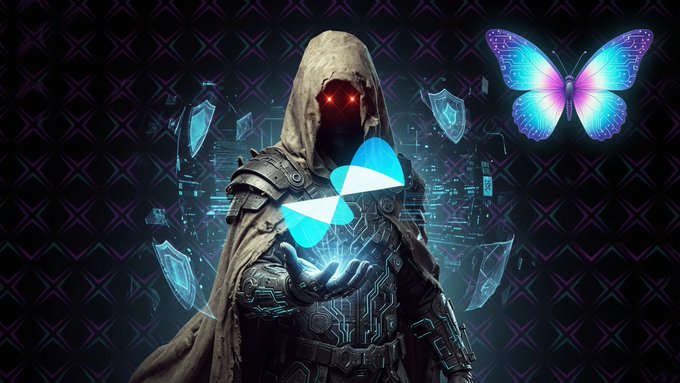 A digital artwork featuring a hooded figure with glowing red eyes holding a glowing blue token symbol, with a bright blue and purple butterfly beside them against a dark patterned background.