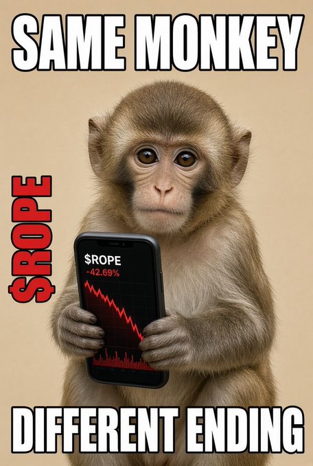 A sad monkey holds a smartphone showing the "$ROPE" ticker down 42.69%, with text reading "SAME MONKEY, DIFFERENT ENDING"—humorously framing the post's mental health charity angle as ironic given the steep loss.