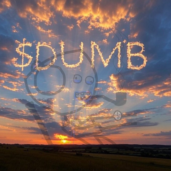 A sunset sky over a landscape with '$DUMB' spelled out in fiery clouds and a crude cartoon character drawn over it.