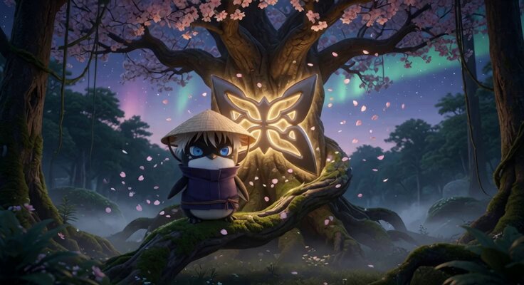 A cartoon panda sitting under a tree with a butterfly symbol, surrounded by pink flowers and trees. The panda appears to be reading a book while enjoying the serene environment.