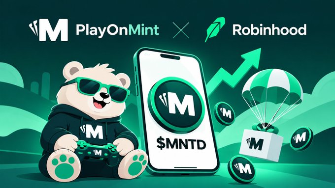 A promotional graphic announcing a partnership between 'PlayOnMint' and 'Robinhood' (X), featuring a cartoon bear mascot wearing sunglasses holding a game controller, a smartphone displaying an 'M' logo with '$MNTD' text, green coins, and a rising arrow.