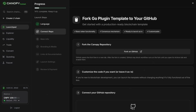 A screenshot of a software interface for 'CANOPY Terminal' showing a 'Progress' page with steps to 'Fork Go Plugin Template to Your GitHub' and 'Connect your GitHub repository'.