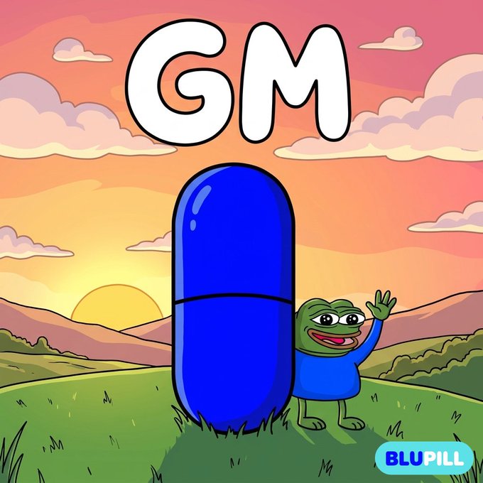 The image features a cartoon character, likely a frog or a bird, standing next to a blue pill that has "GM BM" written on it. The setting appears to be outdoors with a grassy field and mountains visible in the background. The caption of the image reads "BM BM chads! One thing’s for sure, today’s gonna be a great day as long as $BLUPILL flows through your veins".