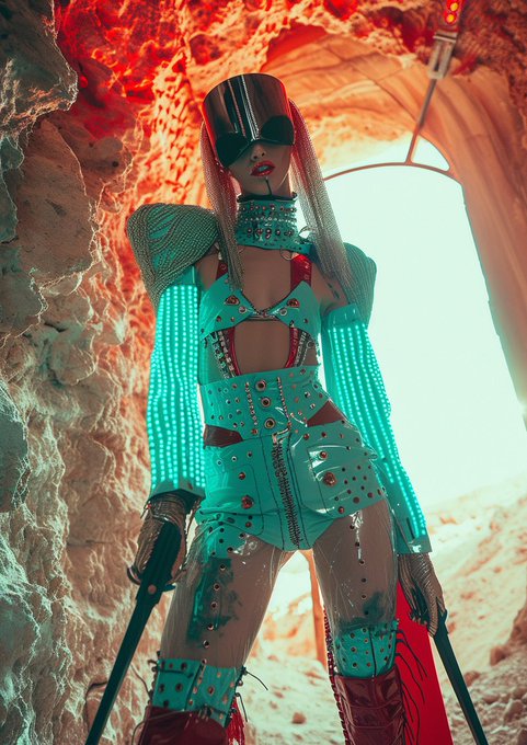 A futuristic figure in a teal studded and LED-lit outfit with a chrome visor stands in a rocky cave, holding what appears to be a weapon.