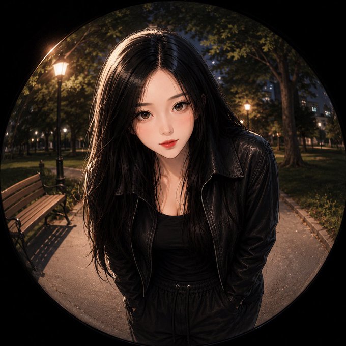 An anime-style portrait depicts a young woman with long black hair and large expressive eyes wearing a black leather jacket, standing in a park setting with street lamps and trees at night, framed within a circular vignette.