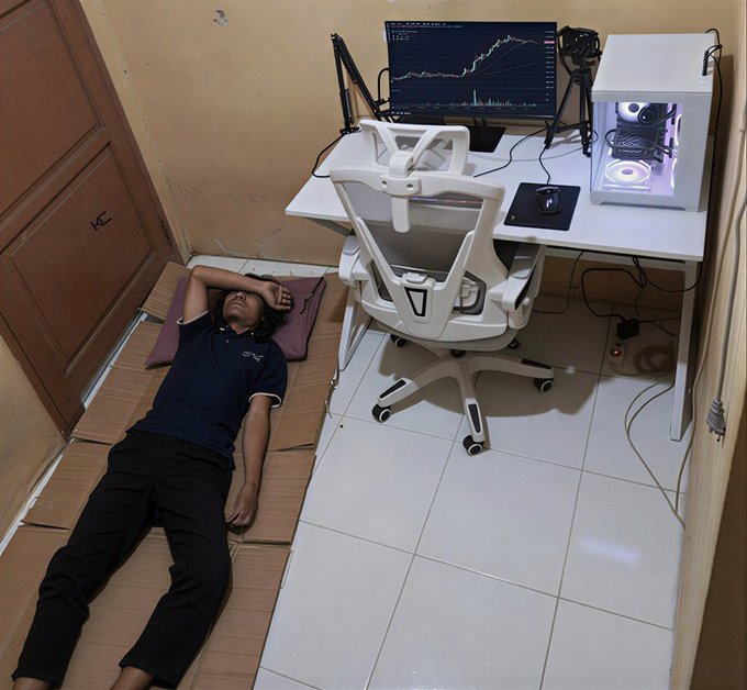 A young man lies exhausted on the floor next to his minimalist trading setup, with a monitor displaying what appears to be a cryptocurrency or stock chart showing a strong upward trend. The image humorously illustrates the post's caption about getting "lucky" in trading, suggesting his success was hard-earned from intense screen-watching rather than pure chance.