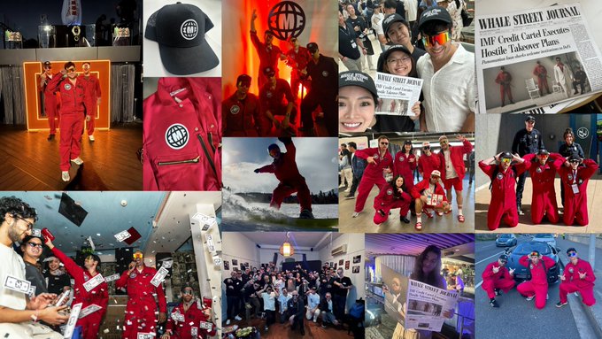 A collage of photos showing people in matching red jumpsuits and branded merchandise at various events, including a Wall Street Journal article headlined "IMF Credit Card Events Hostile Takeover Plans."