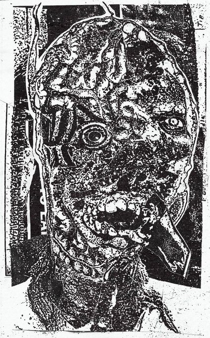 A high-contrast black-and-white collage portrait of a heavily textured, grotesque face with bulging eyes and bared teeth, featuring small reversed text along the left edge. The grotesque, frenzied imagery visually echoes the "NOITE FEBRIL" (Feverish Night) title and the chaotic collage style referenced in the accompanying NFT promotional post.