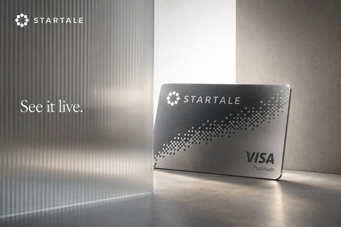 Startale Visa Platinum card promotional image with the tagline 'See it live.' displayed against a minimalist backdrop.